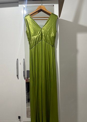 Kadın Parlak Yeşil Uzun Drapeli Abiye Elbise - Görsel 5