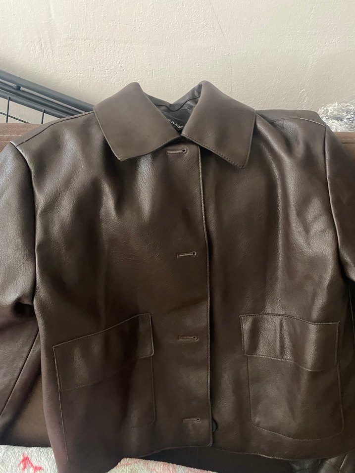 Düğmeli Kahverengi Deri Kadın Ceket - Görsel 4