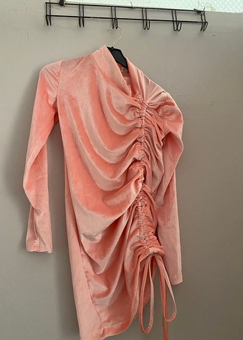 Pudra Pembe Uzun Kollu Drapeli Abiye Elbise - Görsel 2