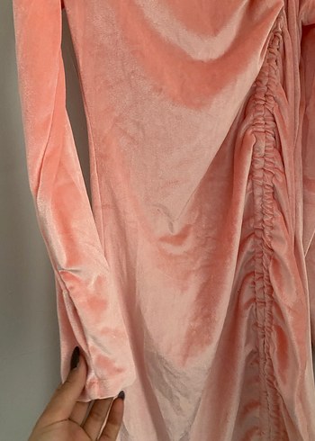 Pudra Pembe Uzun Kollu Drapeli Abiye Elbise - Görsel 3