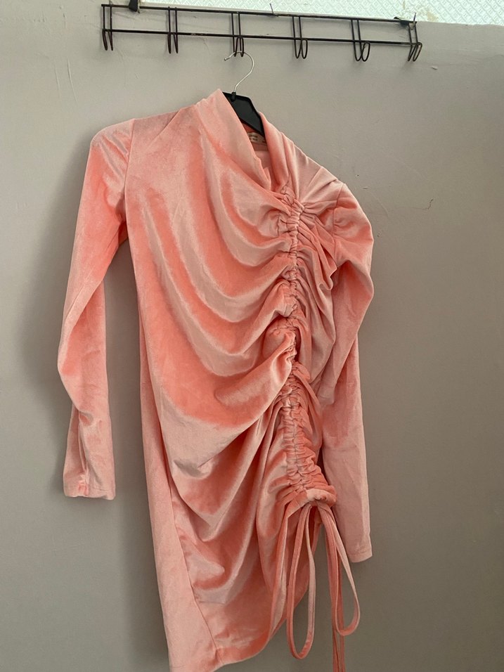 Pudra Pembe Uzun Kollu Drapeli Abiye Elbise - Görsel 2