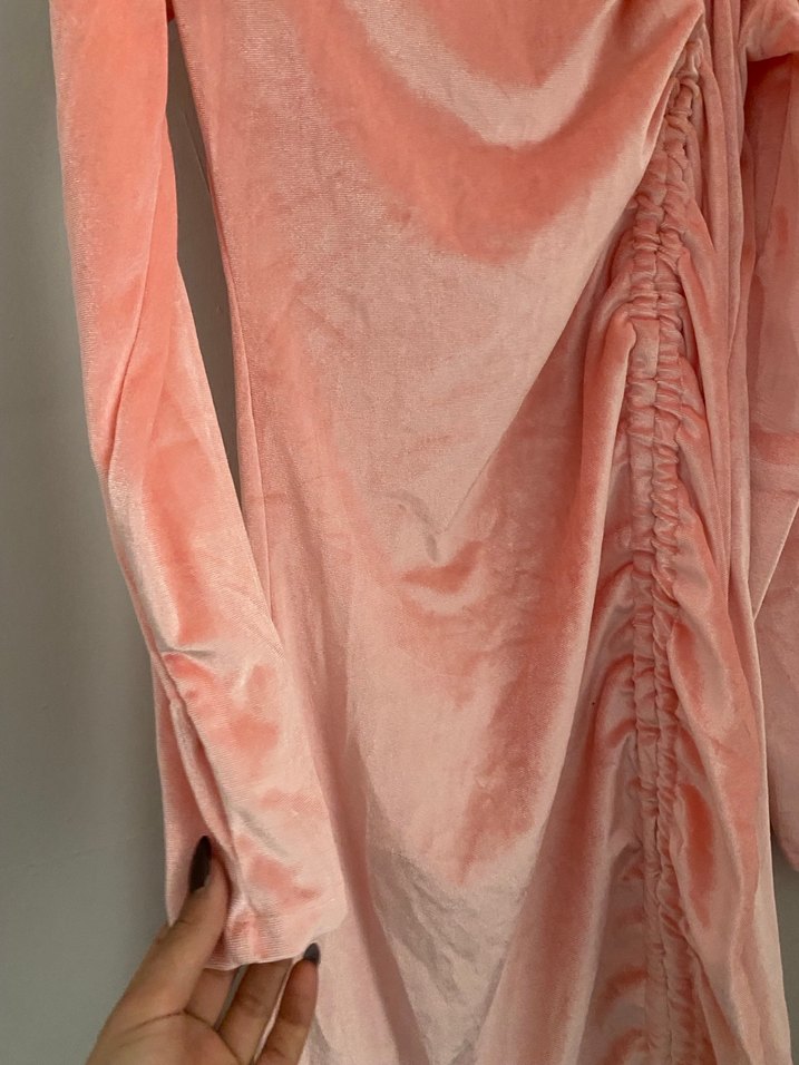 Pudra Pembe Uzun Kollu Drapeli Abiye Elbise - Görsel 3