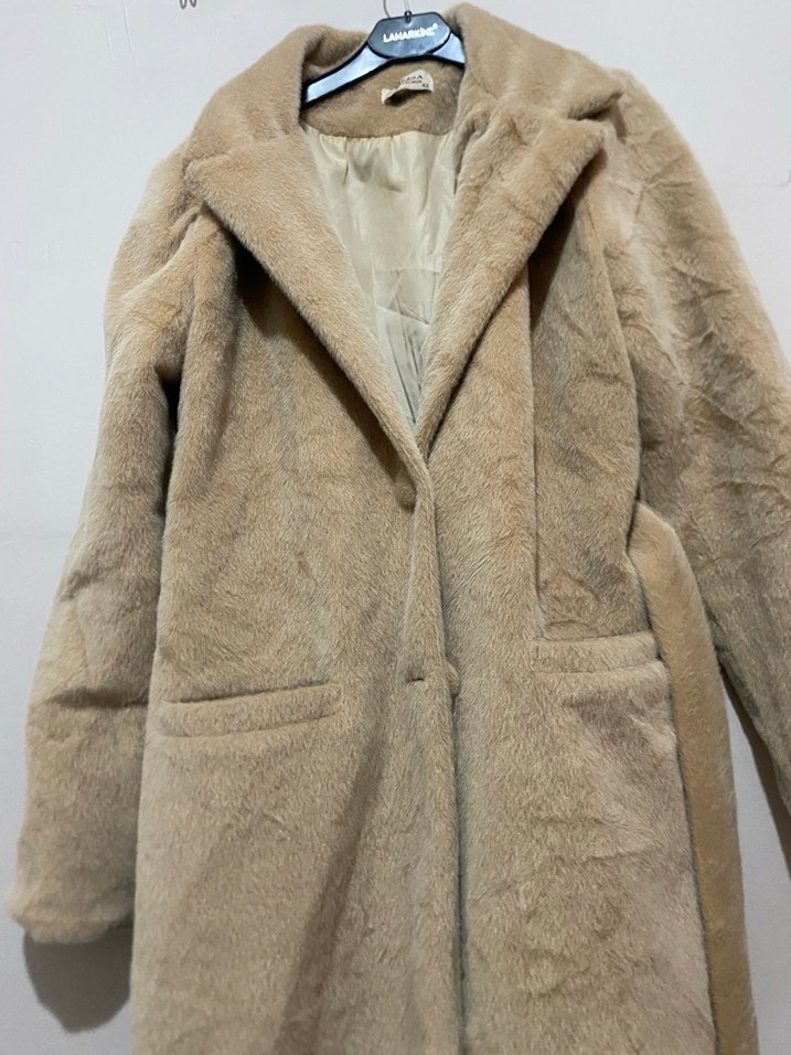 Bej Uzun Kadın Palto Kürklü Detaylı - Görsel 2