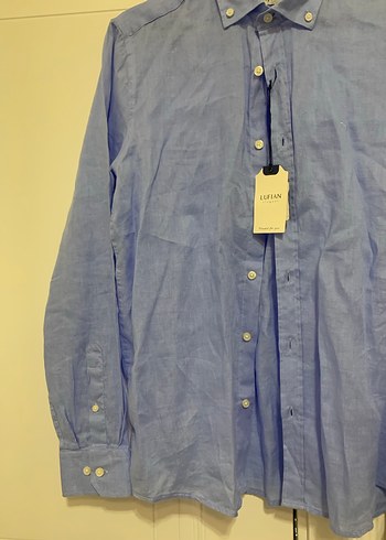 Mavi Keten Düğmeli Erkek Gömlek - Görsel 3