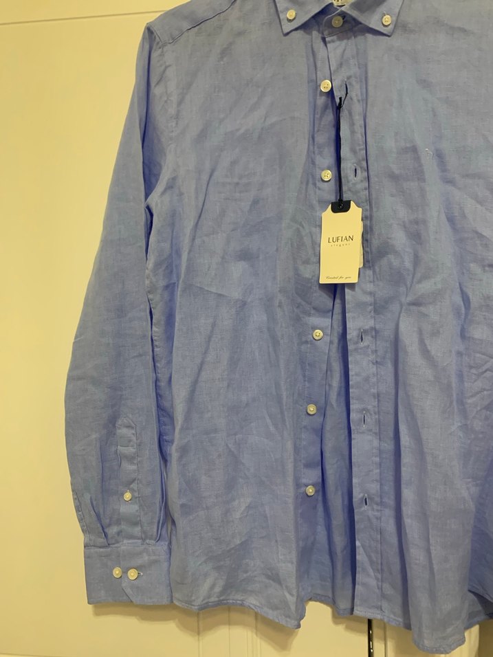 Mavi Keten Düğmeli Erkek Gömlek - Görsel 3