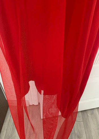 Uzun Kırmızı Kadın Modern Klasik tüllü pardesü - Görsel 6
