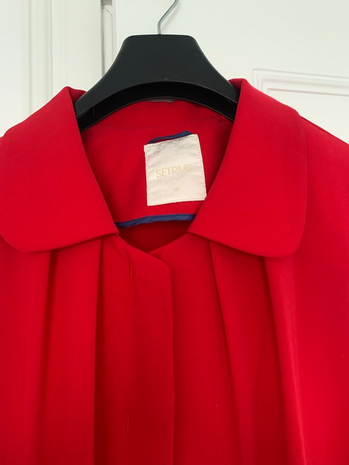 Uzun Kırmızı Kadın Modern Klasik tüllü pardesü - Görsel 3