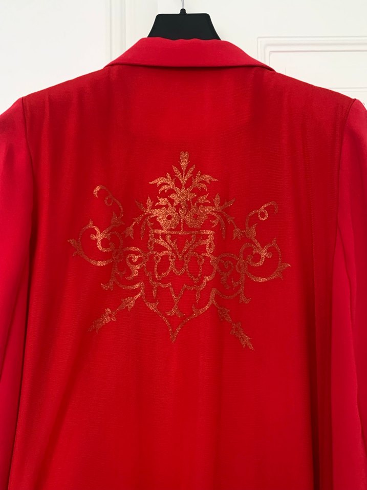 Uzun Kırmızı Kadın Modern Klasik tüllü pardesü - Görsel 5