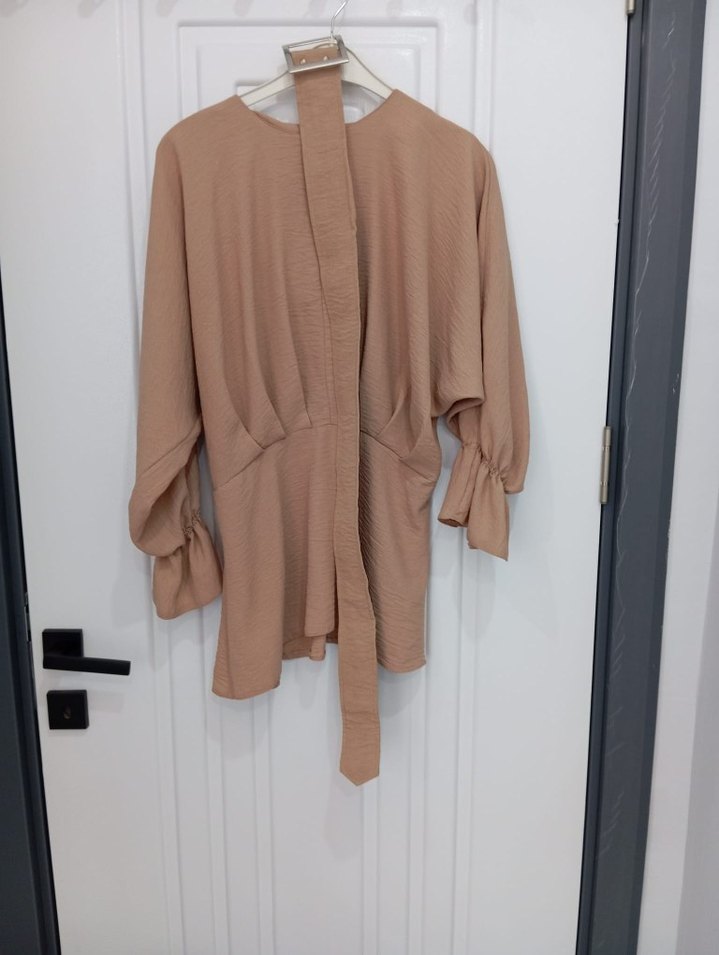 Bej Kadın Uzun Kollu Salaş Elbise - Görsel 3