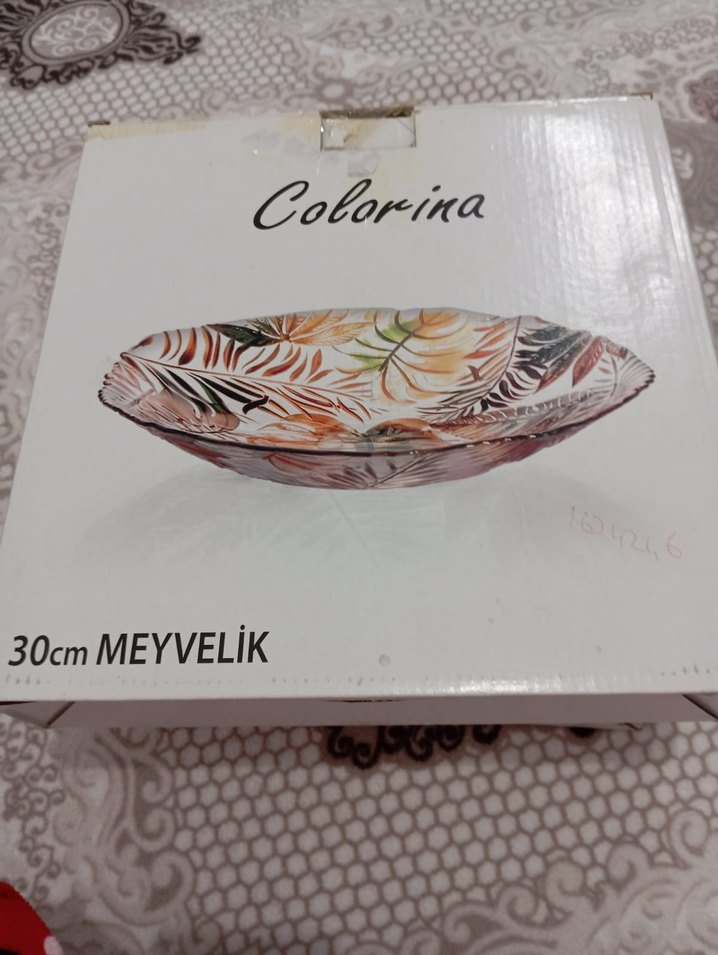 Bej Bohem Çiçek Desenli Cam Tabak - Görsel 3