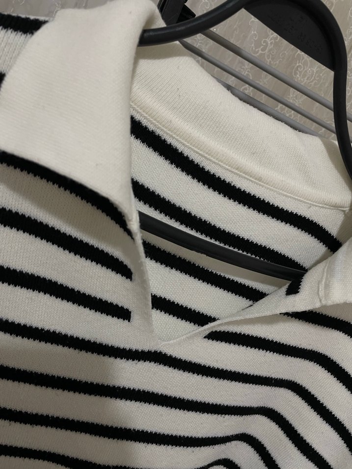 Çizgili Beyaz Gri Örgü Kadın Kazak - Görsel 3