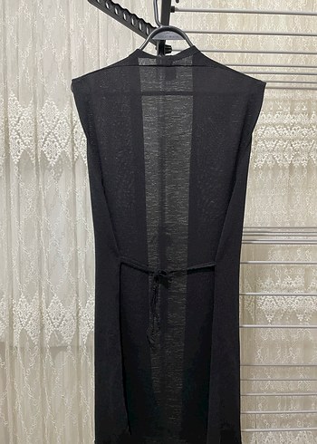 Kuşaklı Siyah Uzun Kadın Yelek - Görsel 2