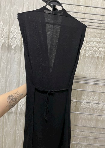 Kuşaklı Siyah Uzun Kadın Yelek - Görsel 3