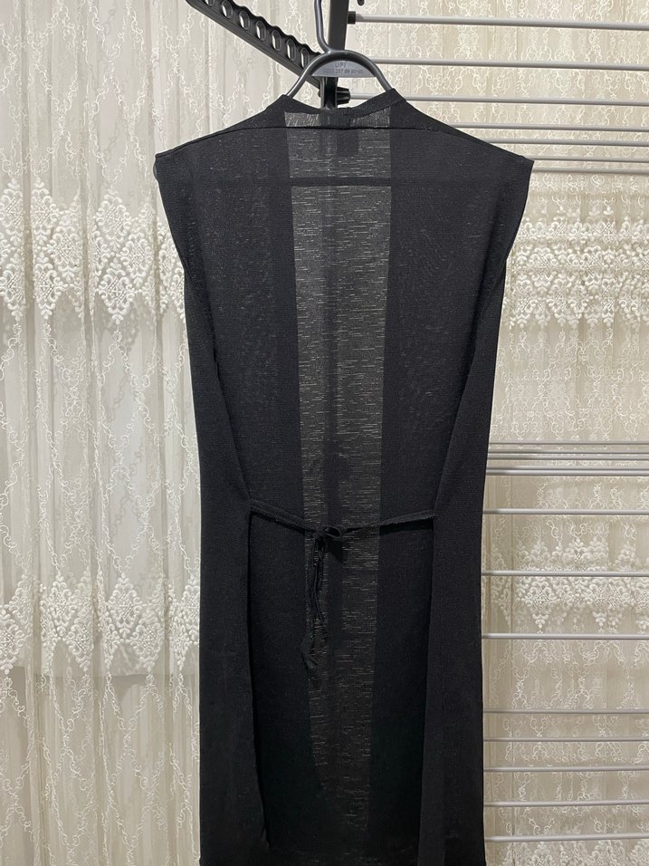 Kuşaklı Siyah Uzun Kadın Yelek - Görsel 2