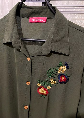 Düğmeli Nakışlı Haki Kadın Gömlek - Görsel 2