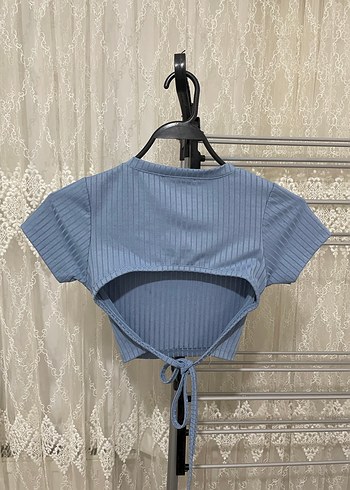 Kadın Mavi Kısa Kollu Crop Top - Görsel 2