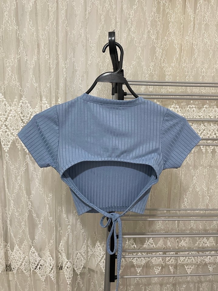 Kadın Mavi Kısa Kollu Crop Top - Görsel 2