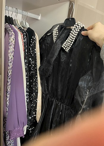 İnci ve Taş İşlemeli Siyah Uzun Kadın Ceket - Görsel 3