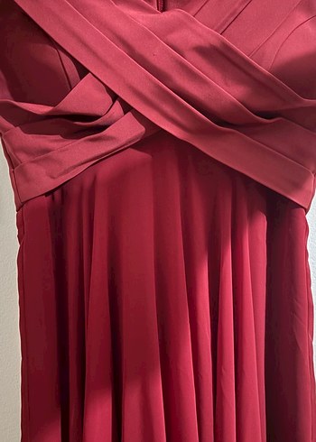 Bordo Uzun Drapeli Kadın Abiye Elbise - Görsel 5