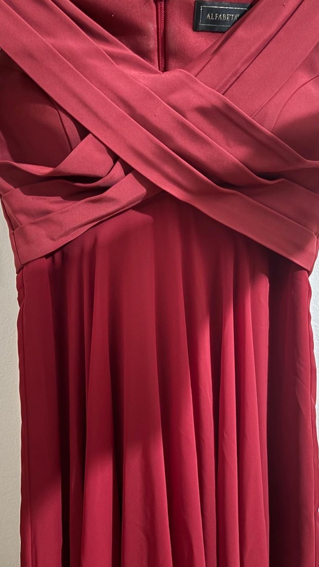Bordo Uzun Drapeli Kadın Abiye Elbise - Görsel 5