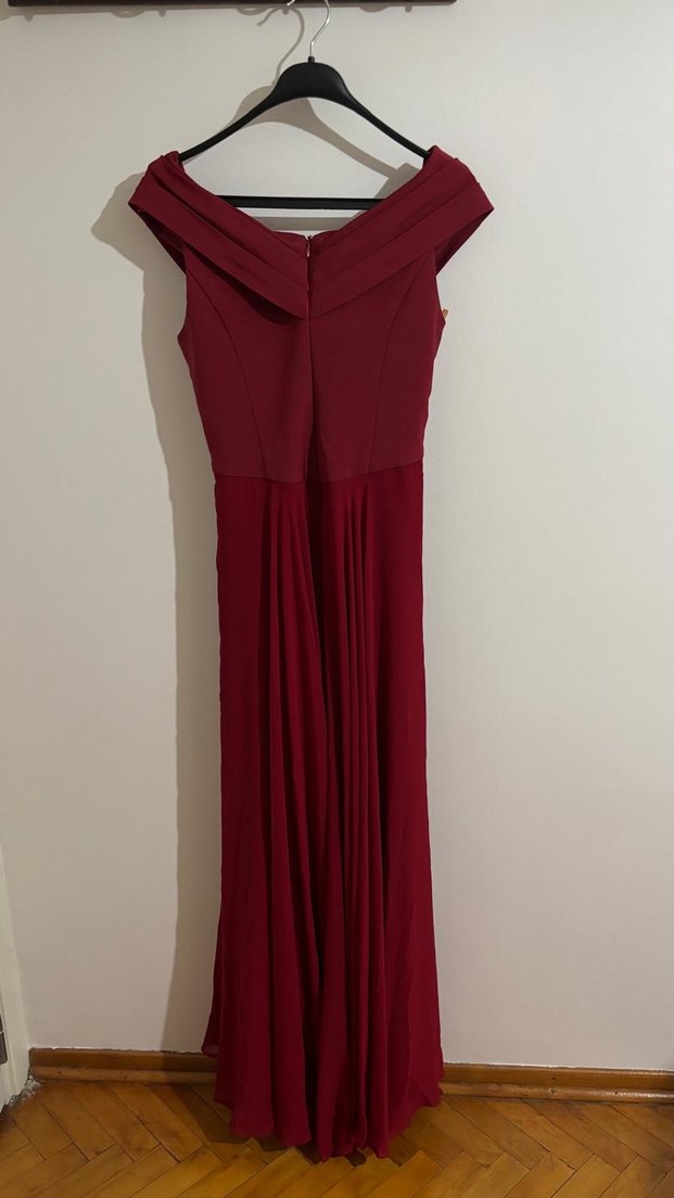 Bordo Uzun Drapeli Kadın Abiye Elbise - Görsel 4