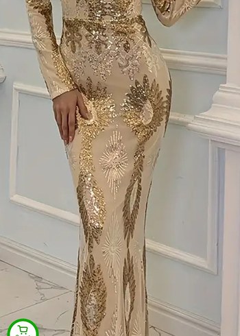 Parlak Altın Renkli Yılan Desenli Uzun Abiye Elbise - Görsel 3