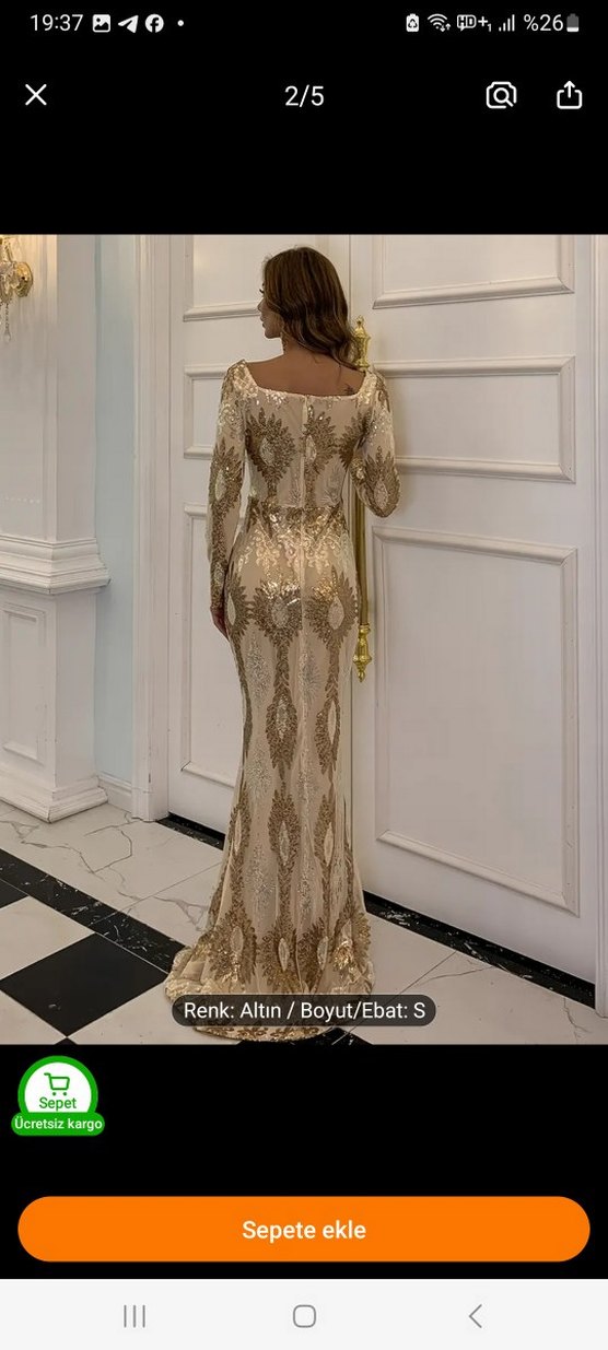 Parlak Altın Renkli Yılan Desenli Uzun Abiye Elbise - Görsel 2