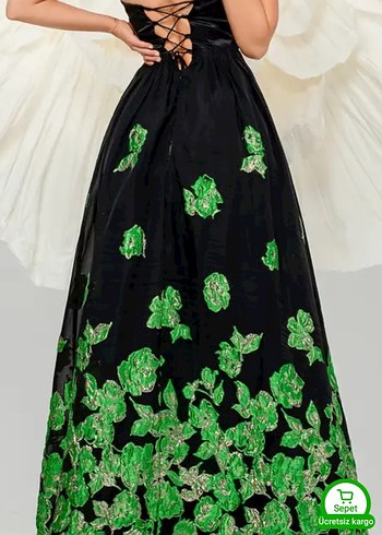 Yeşil Nakışlı Straplez Uzun Abiye Elbise - Görsel 3