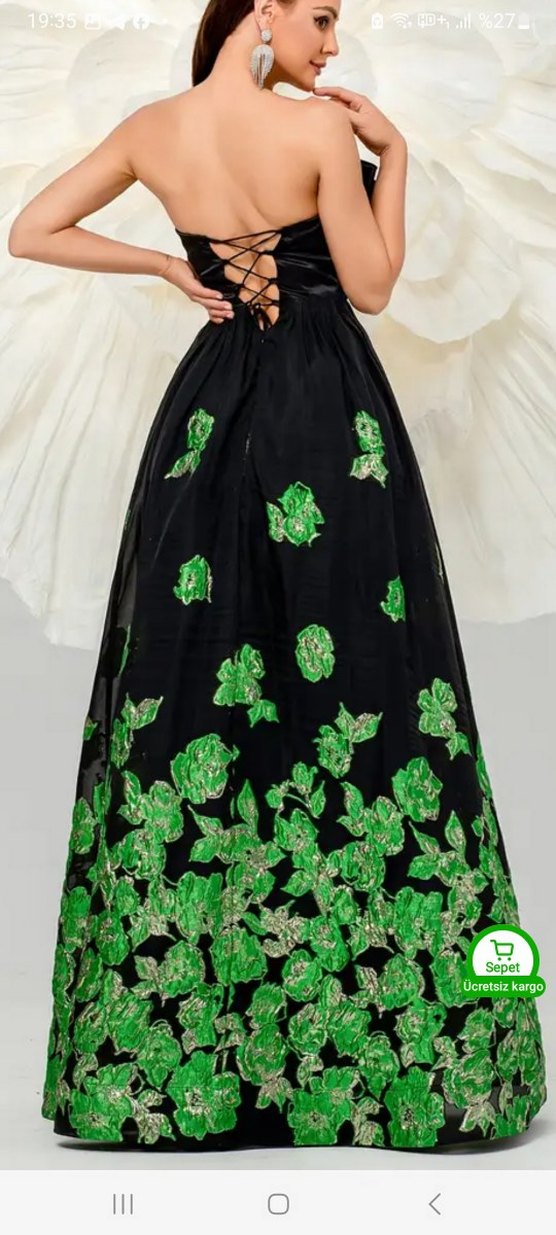 Yeşil Nakışlı Straplez Uzun Abiye Elbise - Görsel 3