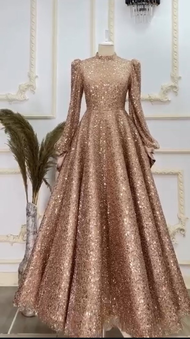 Uzun Kollu Parlak prenses uzun abiye - Görsel 2