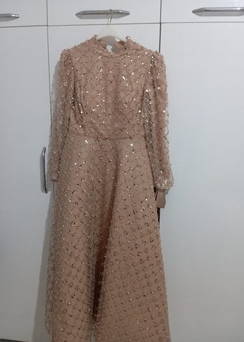 Kadın Bej Uzun Kollu Payetli Abiye Elbise - Görsel 2