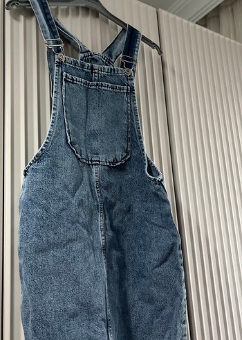 Kadın Gri Denim Midi Askılı Tulum - Görsel 2