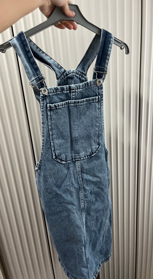 Kadın Gri Denim Midi Askılı Tulum - Görsel 5