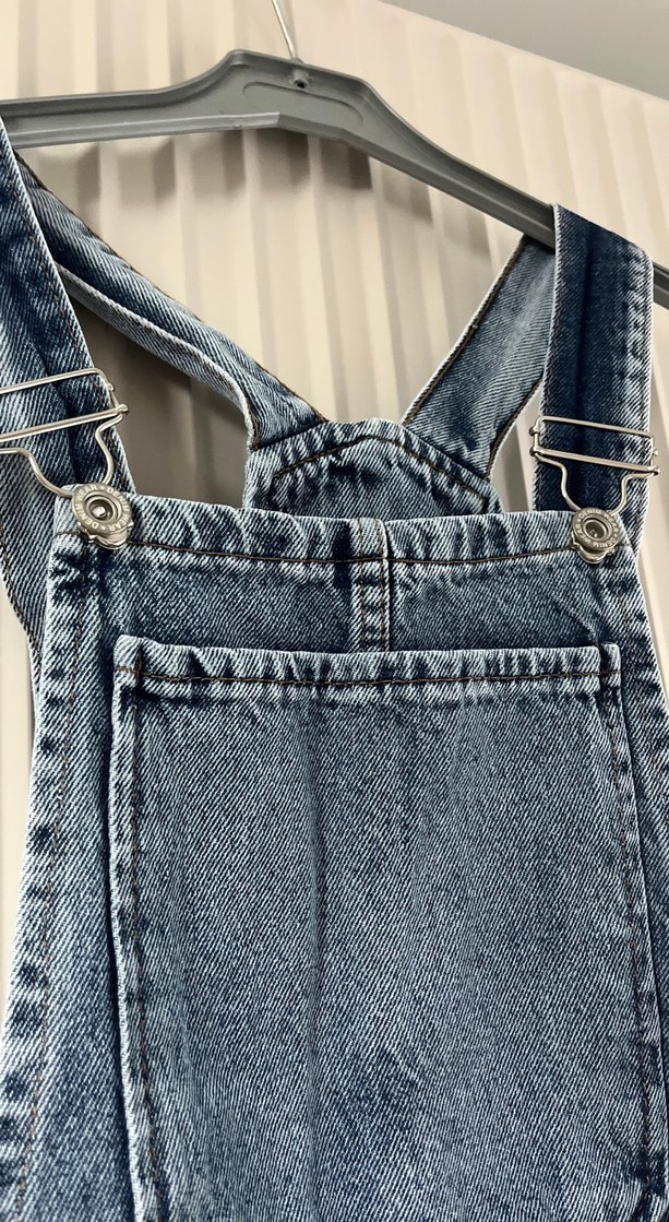 Kadın Gri Denim Midi Askılı Tulum - Görsel 3