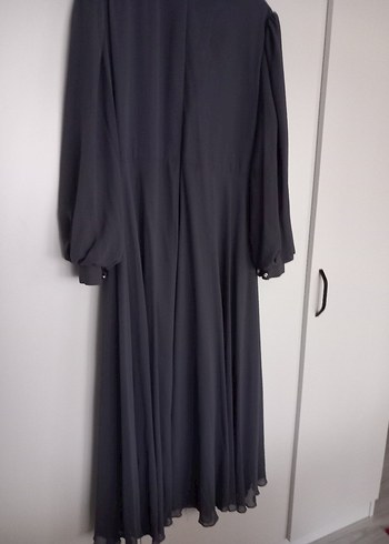 Gri Uzun Kollu Gotik Kadın Abiye Şifon Elbise - Görsel 5