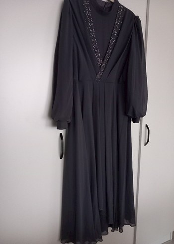 Gri Uzun Kollu Gotik Kadın Abiye Şifon Elbise - Görsel 3