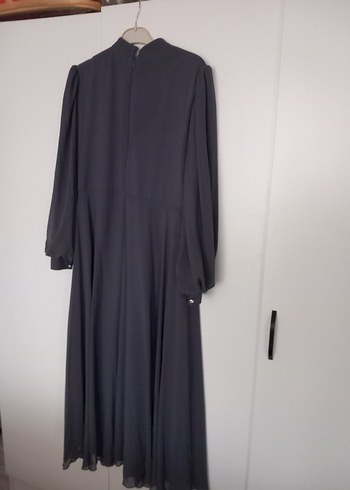 Gri Uzun Kollu Gotik Kadın Abiye Şifon Elbise - Görsel 4