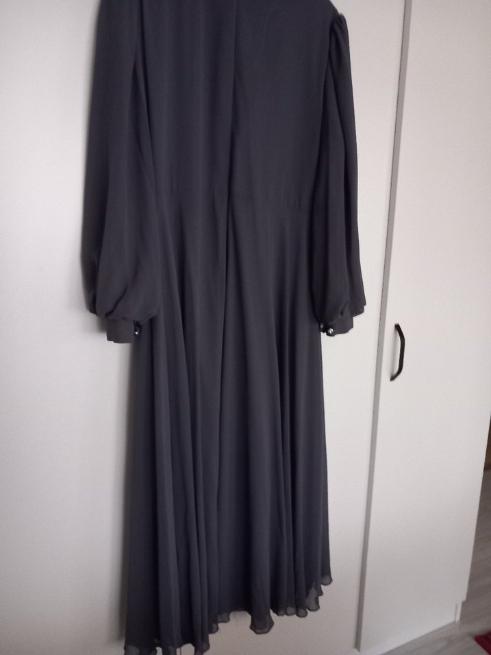 Gri Uzun Kollu Gotik Kadın Abiye Şifon Elbise - Görsel 5