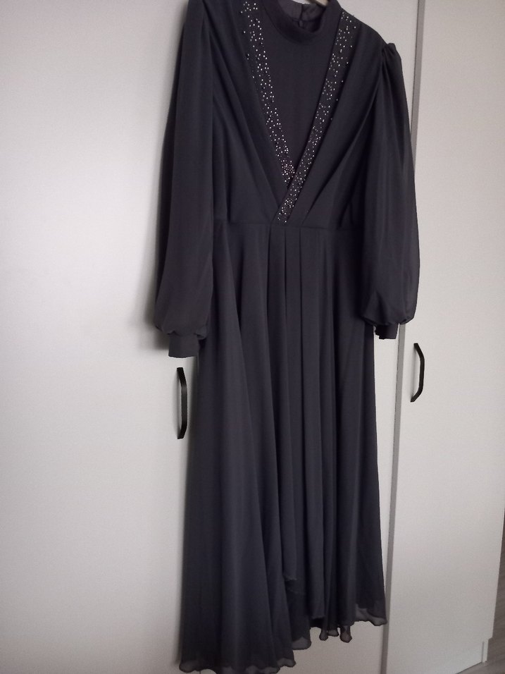 Gri Uzun Kollu Gotik Kadın Abiye Şifon Elbise - Görsel 3