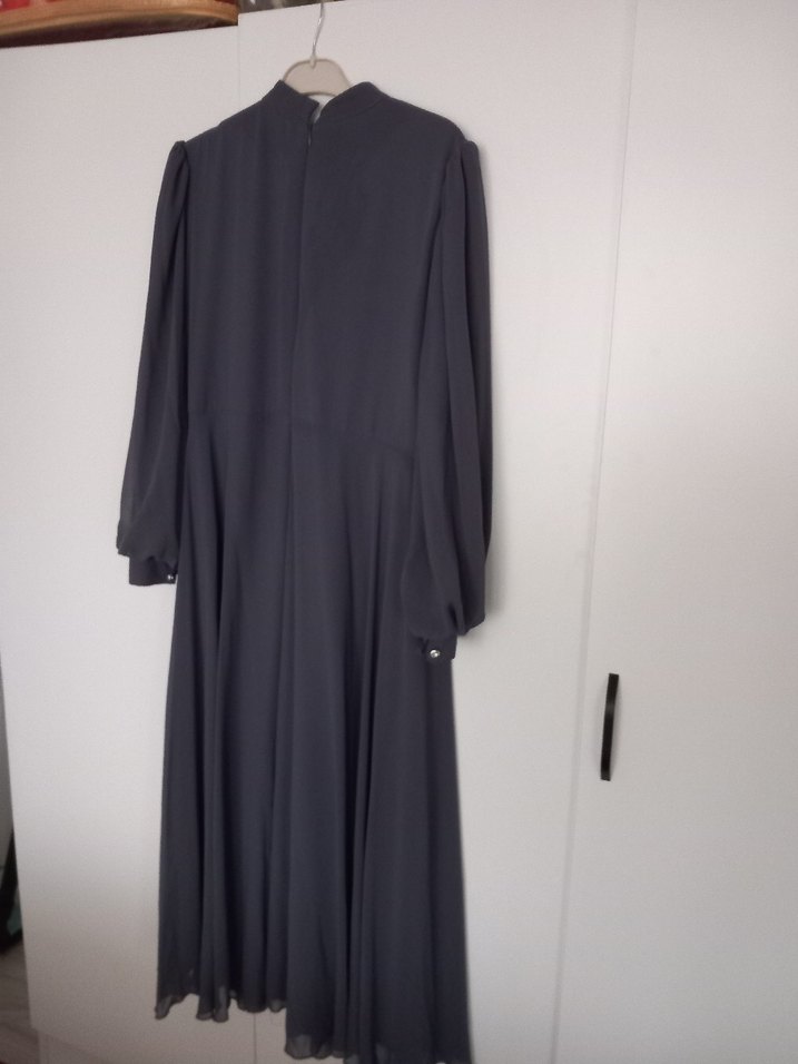 Gri Uzun Kollu Gotik Kadın Abiye Şifon Elbise - Görsel 4