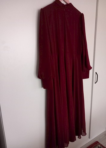 Bordo Nakışlı Uzun Kollu Kadın Şifon Abiye Elbise - Görsel 5