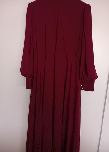 Bordo Nakışlı Uzun Kollu Kadın Şifon Abiye Elbise - Görsel 6