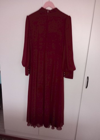 Bordo Nakışlı Uzun Kollu Kadın Şifon Abiye Elbise - Görsel 7