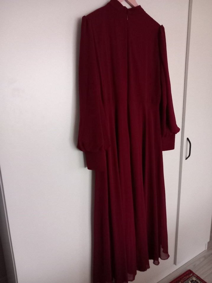 Bordo Nakışlı Uzun Kollu Kadın Şifon Abiye Elbise - Görsel 5