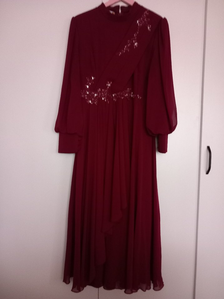 Bordo Nakışlı Uzun Kollu Kadın Şifon Abiye Elbise - Görsel 2