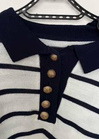 Düğmeli lacivert  Beyaz Çizgili Kadın Kazak - Görsel 2