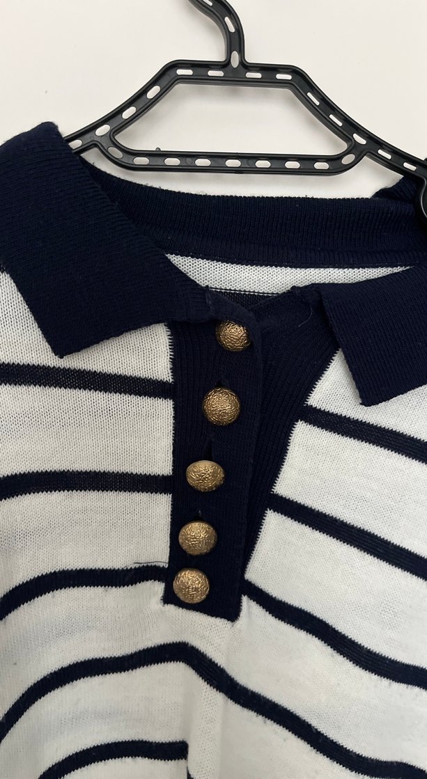 Düğmeli lacivert  Beyaz Çizgili Kadın Kazak - Görsel 2