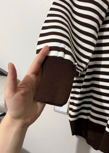 Kadın Kahverengi Çizgili Pamuklu Triko - Görsel 2