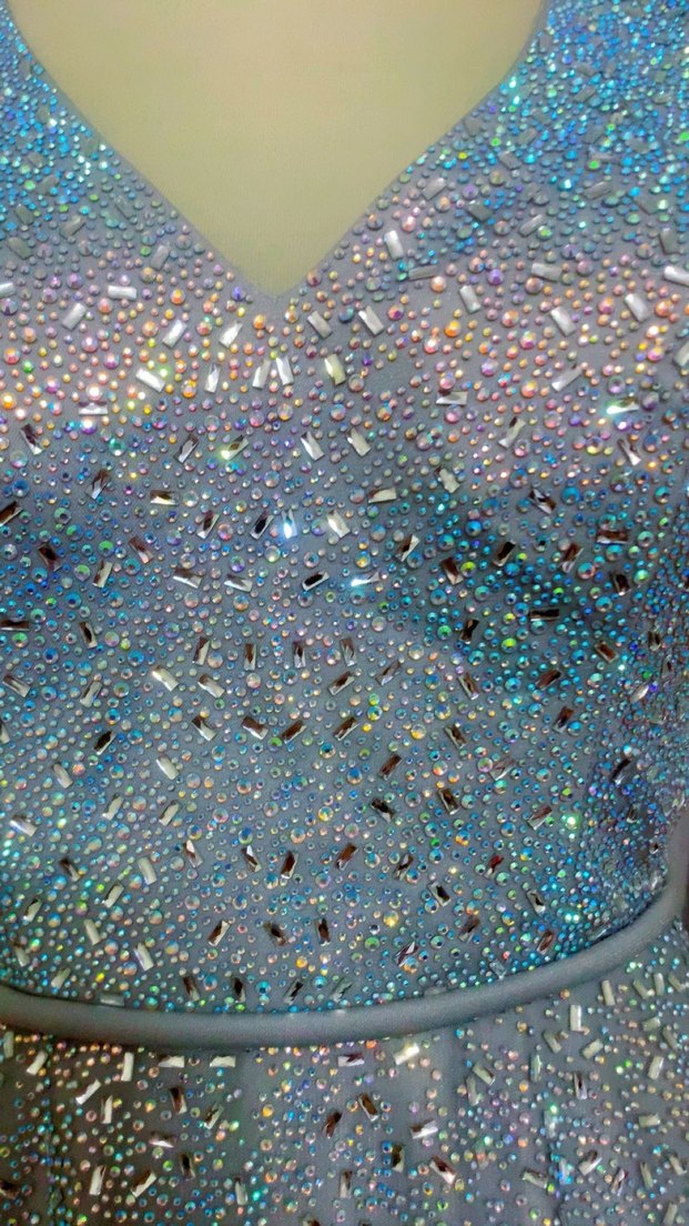 Işıltılı Mavi V Yaka Uzun Abiye Elbise - Görsel 2