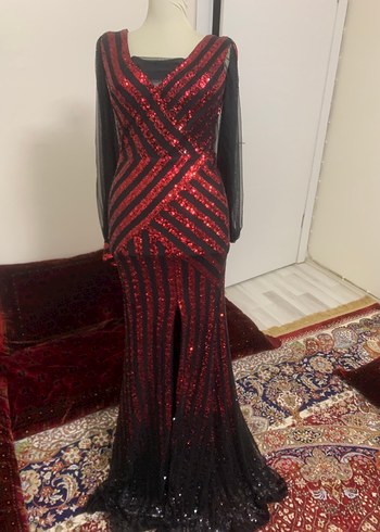 Bordo V Yaka Uzun Kollu Kadın Abiye Elbise - Görsel 3